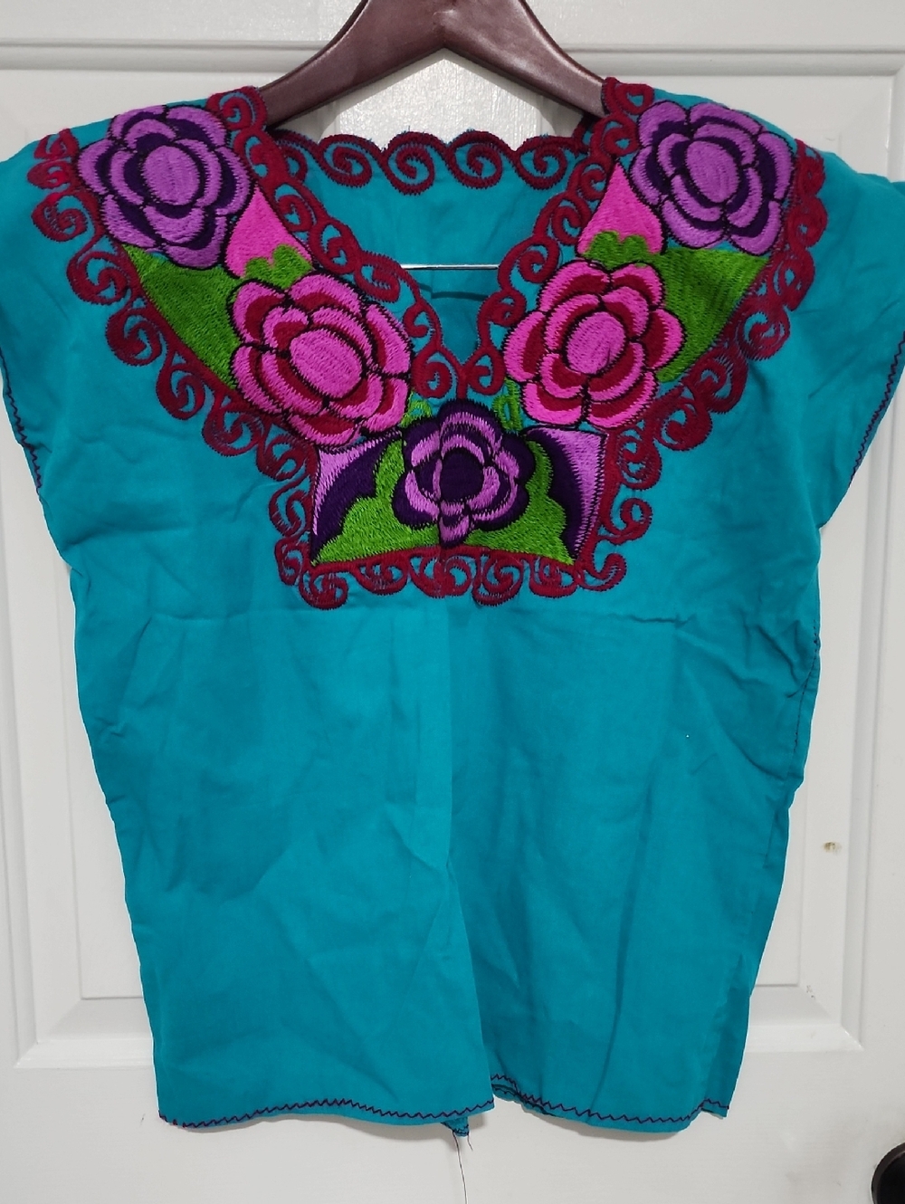 Embroidered Teal Floral V-Neck Women's Top